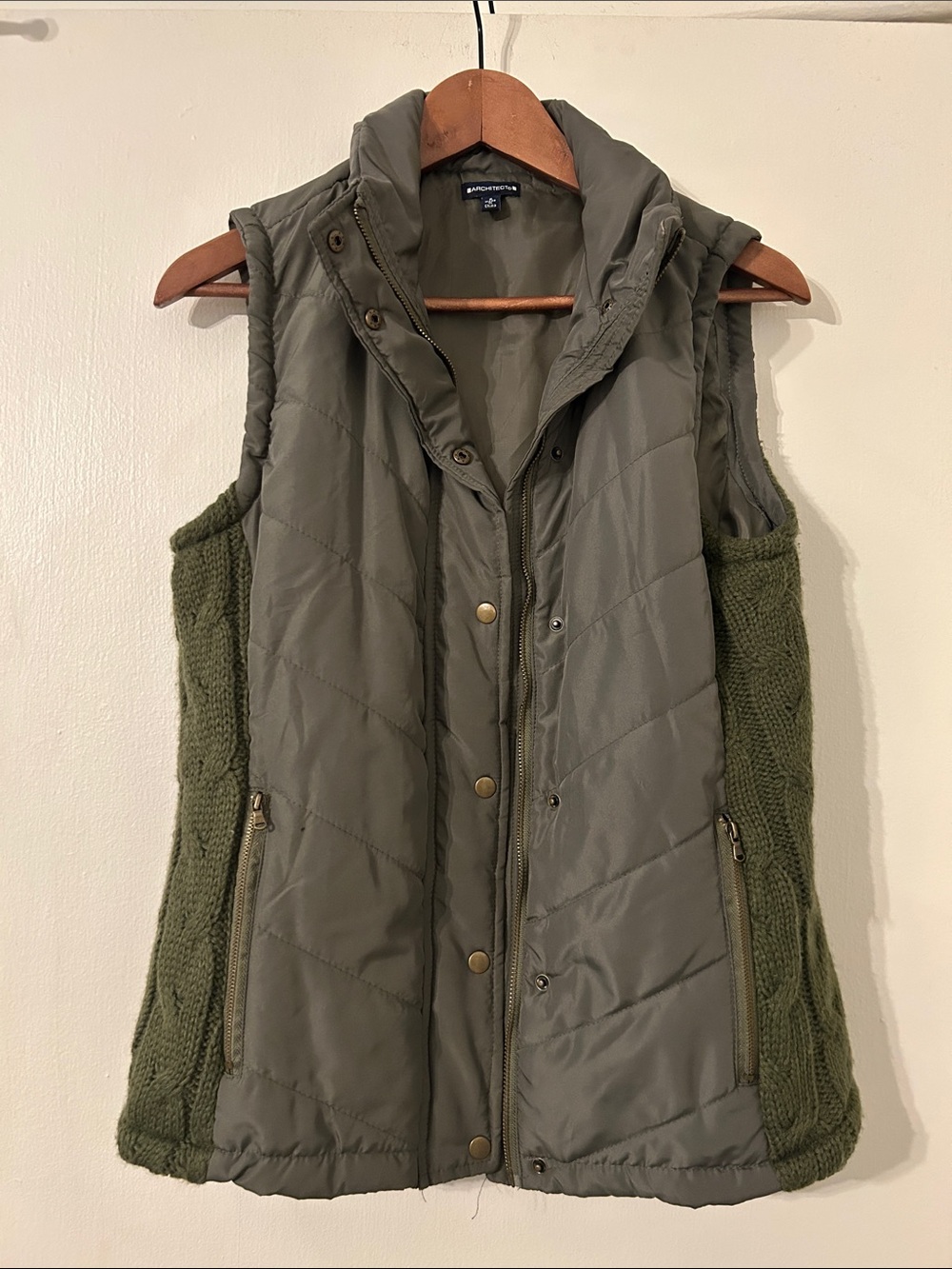 NWOT Olive Quilted Vest with Knit Side Panels